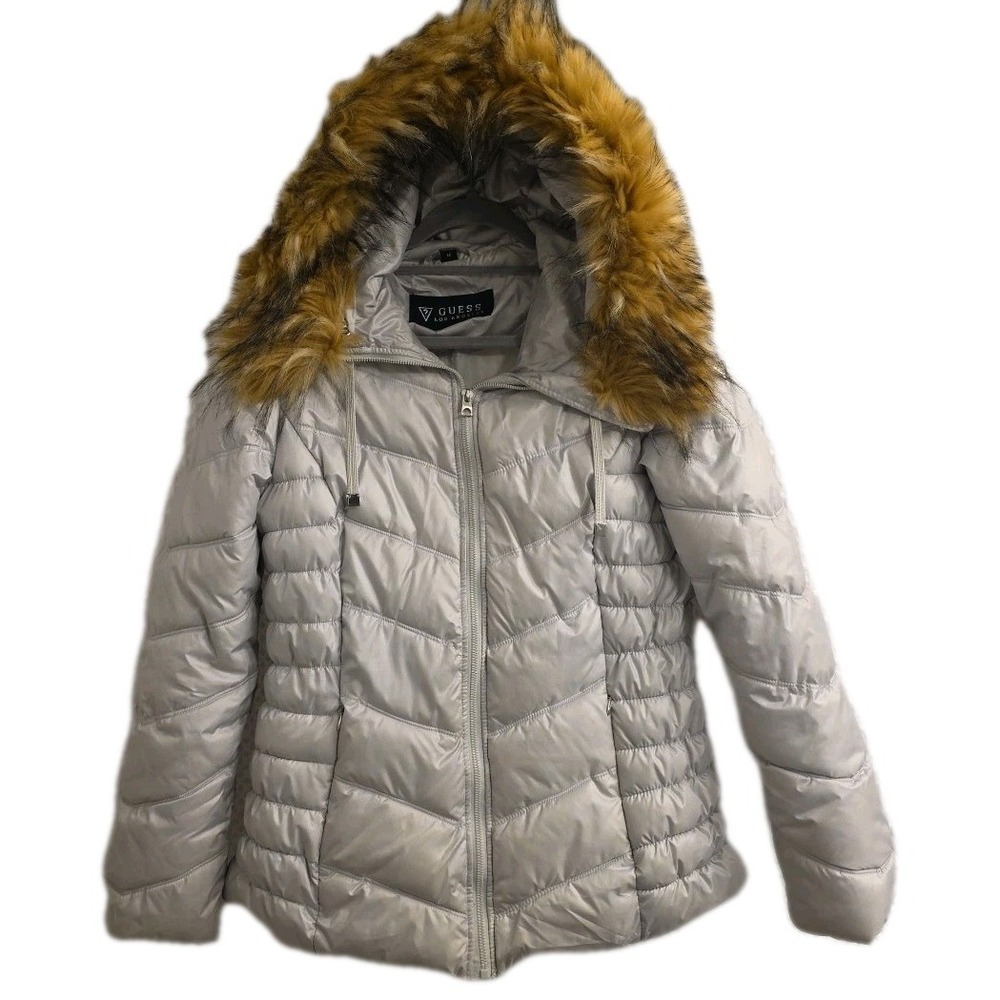 GUESS‎ Women's Faux Fur Trim Chevron Quilted Jacket Size Medium